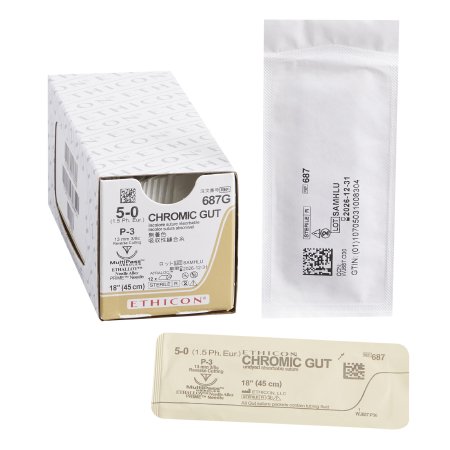 Suture with Needle Absorbable Uncoated Undyed Suture Chromic Gut Size 5 - 0 18 Inch Suture 1-Needle 13 mm Length 3/8 Circle Precision Point - Reverse Cutting Needle by Ethicon - Suture  J & J Healthcare Systems  ID 687G
